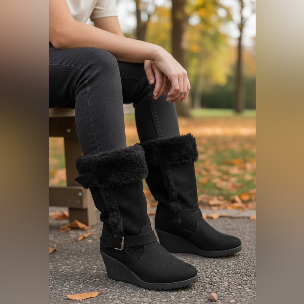 EUC Black Faux Fur Lined Wedge Boots, size 5.5